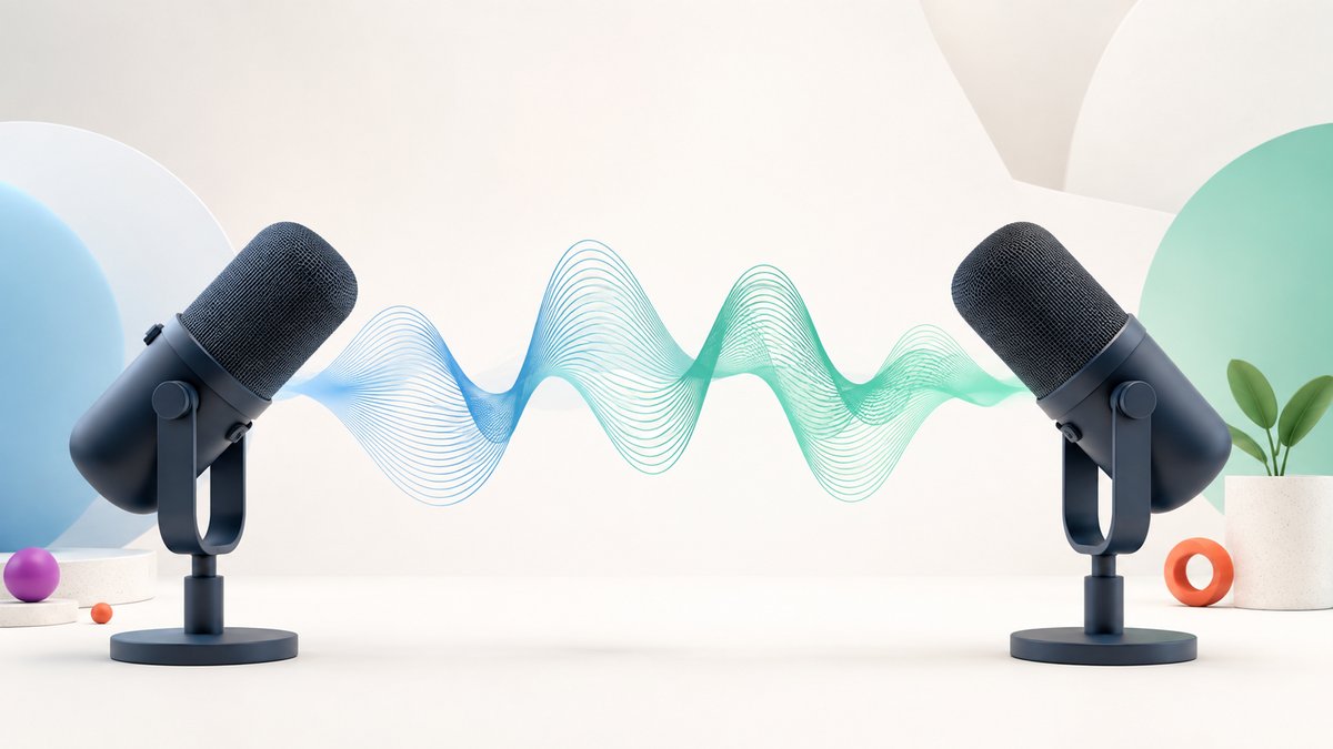 Two podcast microphones facing each other with a blue-green sound wave between them.