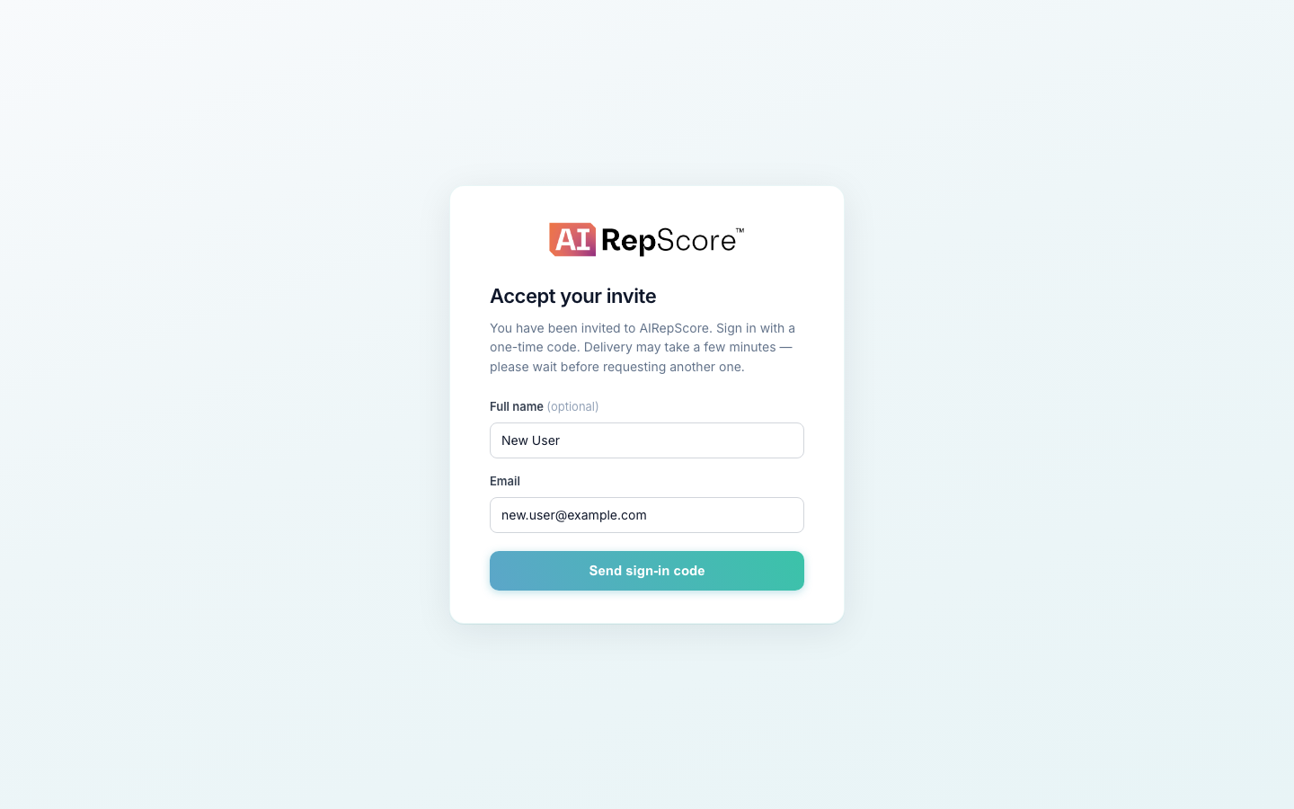 Registration screen with pre-filled email address and sign-in code button.