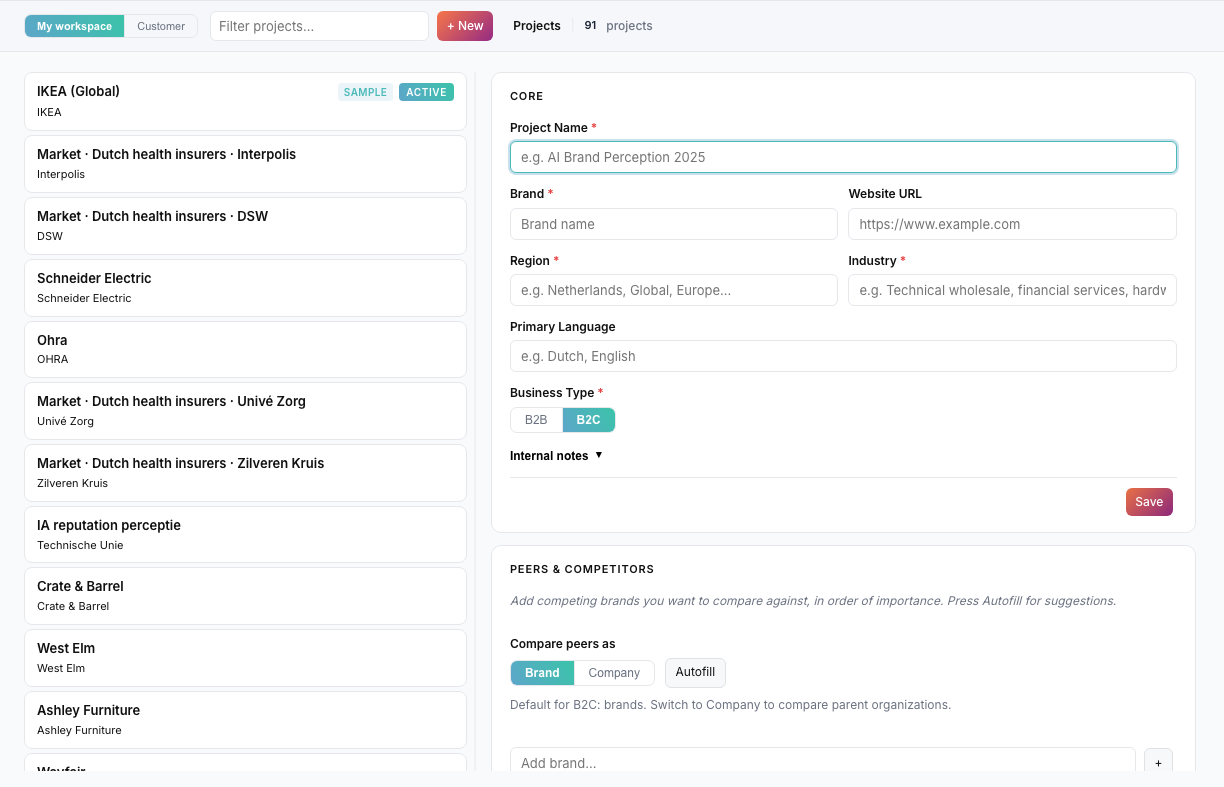 New project form, Core section, with filled fields and B2B/B2C toggle.