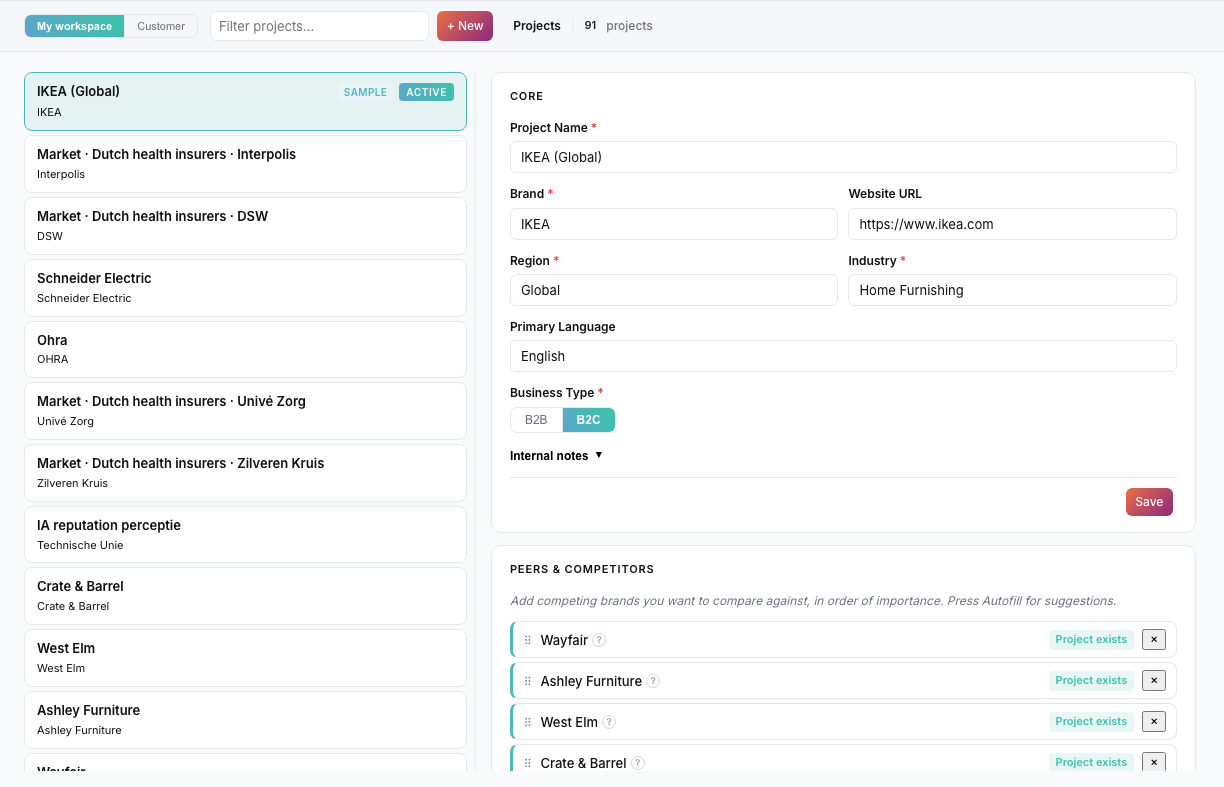 Project list with one project marked as “Active”.