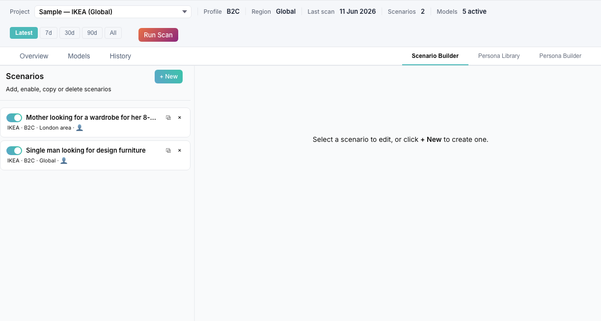 Scenario Builder with filled form and scenario list on the left.