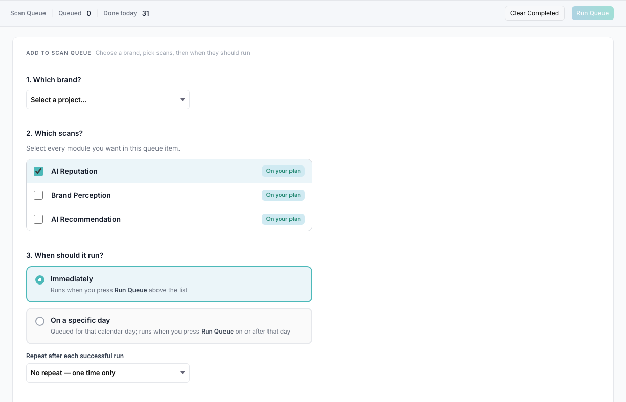 “Add to scan queue” form with AIR checked and monthly repeat.
